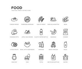 set of 20 line icons such as drinking, bowl with vegetables, citrus fruits, bananas, plastic water bottle, apple and grapes, cooking mitts, eggs sillhouettes, ear of wheat, forbidden burguer. food