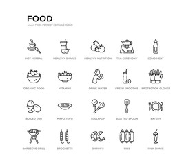 set of 20 line icons such as lollypop, mapo tofu, boiled egg, fresh smoothie, drink water, vitamins, organic food, tea ceremony, healthy nutrition, healthy shakes. food outline thin icons