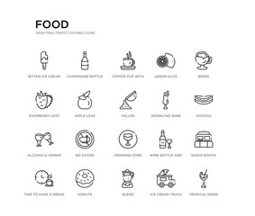 set of 20 line icons such as drinking zone, no eating, alcoholic drinks, sparkling wine, fallen, apple leaf, raspberry leaf, lemon slice, coffee cup with steam, champagne bottle. food outline thin
