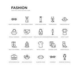 set of 20 line icons such as white t shirt, birthday hat with dots and stars, boot for women, feminine fashion, female black handbag, handbag elegant de, female handbag, string bikini, long black