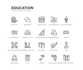 set of 20 line icons such as two books, parabolic function, calculator buttons interface, cone geometrical, set square school tool, semicircle with ruler, is an element of, greater but not