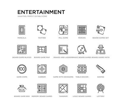 set of 20 line icons such as game with hexagons, carrom, game chips, magic board games, snakes and ladders, board game map, board blocks, parchis, mill yahtzee. entertainment outline thin icons