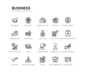 set of 20 line icons such as businesswomen, stack, puzzle game piece, tax calculate, money sack, corporation, mortgage loan, nepalese, journalist id card, big wheel. business outline thin icons