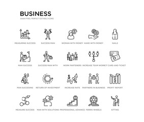set of 20 line icons such as increase rate, return of investment, man succesing, increase team work, work parteners, success man with suitcase, man success, hand with money gear, woman with money,