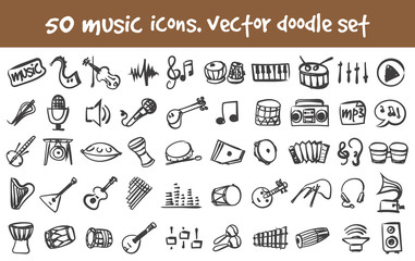 doodle music icons set - obrazy, fototapety, plakaty