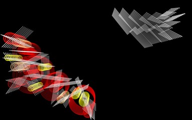 fondo abstracto negro con figuras geometricas diversas en colores varios. Diseño geometrico radial difuminado. Recurso grafico.  