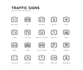 set of 20 line icons such as traffic lights, tram, truck, turn left, turn with advisory  speed, two ways, u turn, waiting, way road, wc. traffic signs outline thin icons collection. editable 64x64