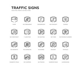 set of 20 line icons such as no bombs, no gambling, no rodents, turn, skating, t junction, turn right, straight, crossroads, fireworks. traffic signs outline thin icons collection. editable 64x64