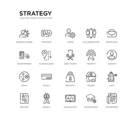 set of 20 line icons such as padlock?, email?, path?, trophy?, desk chair?, placeholder?, smartphone?, collaboration, admin, manager. strategy outline thin icons collection. editable 64x64 stroke