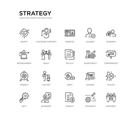 set of 20 line icons such as risk?, visitor?, target?, investment?, policy?, deal?, programmer?, leader?, website?, customer support?. strategy outline thin icons collection. editable 64x64 stroke