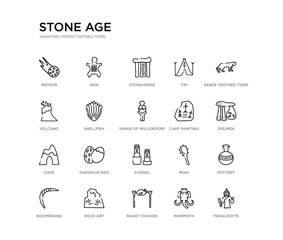 set of 20 line icons such as cudgel, dinosaur egg, cave, cave painting, venus of willendorf, shellfish, volcano, tipi, stonehenge, skin. stone age outline thin icons collection. editable 64x64 © Meth Mehr