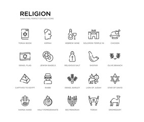 Fototapeta premium set of 20 line icons such as israel barley, rabbi, captives to egypt, shofar, religious salt, jewish bagels, israel flag, solomon temple in jerusalem, hebrew wine, kippah. religion outline thin