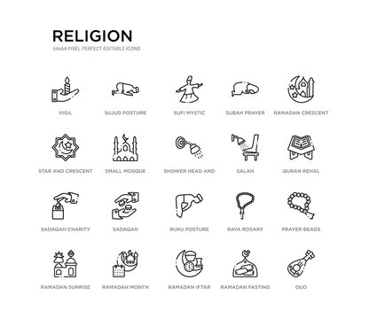 set of 20 line icons such as ruku posture, sadaqah, sadaqah charity, salah, shower head and water, small mosque, star and crescent moon, subah prayer, sufi mystic, sujud posture. religion outline
