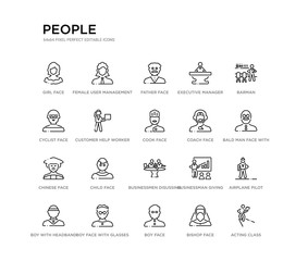 Fototapeta premium set of 20 line icons such as businessmen disussing, child face, chinese face, coach face, cook customer help worker, cyclist executive manager, father female user management. people outline thin