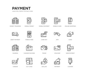 set of 20 line icons such as trade, cashier machine, sharing, atm, card key, mobile web, debit payment, mobile card, mobile payment, money. payment outline thin icons collection. editable 64x64