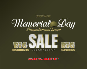 Holiday design, background with handwriting and 3d texts, army helmet for Memorial day, sales, commercial event; Vector illustration