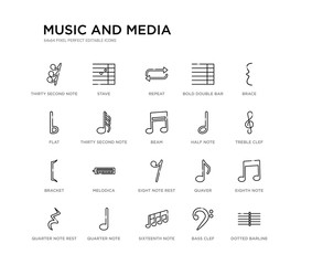 set of 20 line icons such as eight note rest, melodica, bracket, half note, beam, thirty second note, flat, bold double bar line, repeat, stave. music and media outline thin icons collection.