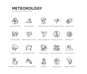 set of 20 line icons such as house on fire, snoflakes winter cloud, thunder cloud, volcano warning, wind and bent fir, broken tree by wind, thunder storm, wind and bend trees, bomb explosion, boat