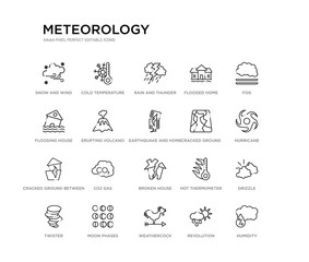 set of 20 line icons such as broken house, co2 gas, cracked ground between houses, cracked ground, earthquake and home, erupting volcano, flooding house, flooded home, rain and thunder, cold