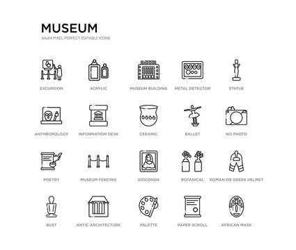 set of 20 line icons such as gioconda, museum fencing, poetry, ballet, ceramic, information desk, anthropology, metal detector, museum building, acrylic. museum outline thin icons collection.