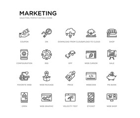 set of 20 line icons such as price, web package, favorite web, web cursor, off, rss, configuration, upload to cloud, download from cloud, on. marketing outline thin icons collection. editable 64x64
