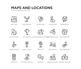 set of 20 line icons such as heat map, home location, human location, information point pin, keyhole?markup language, left chevron, location data, off, locked place, map direction. maps and