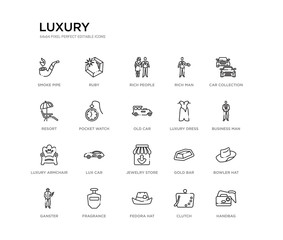 set of 20 line icons such as jewelry store, lux car, luxury armchair, luxury dress, old car, pocket watch, resort, rich man, rich people, ruby. luxury outline thin icons collection. editable 64x64