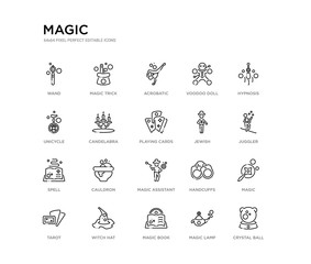 set of 20 line icons such as magic assistant, cauldron, spell, jewish, playing cards, candelabra, unicycle, voodoo doll, acrobatic, magic trick. magic outline thin icons collection. editable 64x64