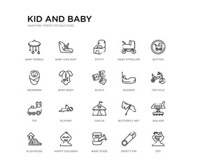 set of 20 line icons such as circus, playing, toy, dodgem, block, baby body, newborn, baby stroller, potty, baby car seat. kid and outline thin icons collection. editable 64x64 stroke