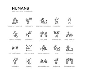set of 20 line icons such as vacuum cleaning, mountain climb, pay in restaurant, man dancing, give over, first prize, woman sweeping, proud pose, construction worker, storekeeper. humans outline