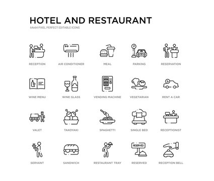 Set Of 20 Line Icons Such As Spaghetti, Takoyaki, Valet, Vegetarian, Vending Machine, Wine Glass, Wine Menu, Parking, Meal, Air Conditioner. Hotel And Restaurant Outline Thin Icons Collection.