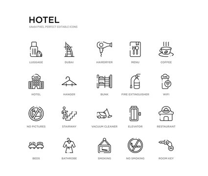 set of 20 line icons such as vacuum cleaner, stairway, no pictures, fire extinguisher, bunk, hanger, hotel, menu, hairdryer, dubai. hotel outline thin icons collection. editable 64x64 stroke