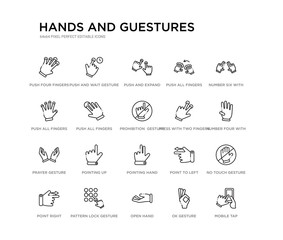 set of 20 line icons such as pointing hand, pointing up, prayer gesture, press with two fingers, prohibition  gesture, push all fingers to expand, push all fingers to slide and expand, push all to