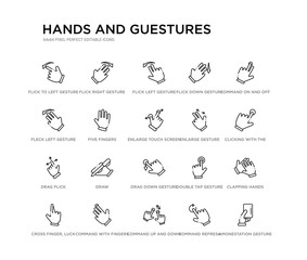 set of 20 line icons such as drag down gesture, draw, drag flick, enlarge gesture, enlarge touch screen gesture, five fingers, fleck left flick down flick left right hands and guestures outline thin