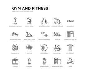 set of 20 line icons such as pilates ball, protein, pulsometer, push up, resistance band, press simulator, rowing machine, running machine, sport expander, sport wear. gym and fitness outline thin