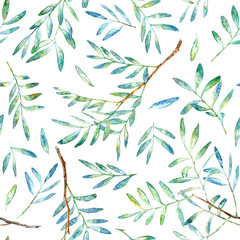 Floral seamless pattern.Pistachio branches.Image for fabric, paper and other printing and web projects.Watercolor hand drawn illustration.White background.
