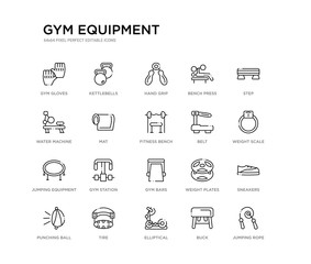 set of 20 line icons such as gym bars, gym station, jumping equipment, belt, fitness bench, mat, water machine, bench press, hand grip, kettlebells. gym equipment outline thin icons collection.