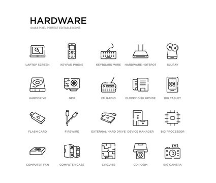 set of 20 line icons such as external hard drive, firewire, flash card, floppy disk upside down, fm radio, gpu, harddrive, hardware hotspot, keyboard wire, keypad phone. hardware outline thin icons