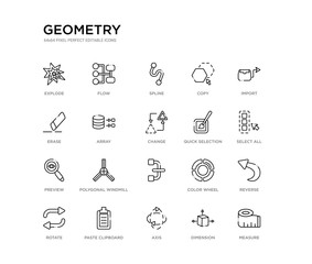 set of 20 line icons such as  , polygonal windmill, preview, quick selection, change, array, erase, copy, spline, flow. geometry outline thin icons collection. editable 64x64 stroke