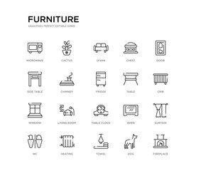 set of 20 line icons such as table clock, living room, window, table, fridge, chimney, side table, chest, divan, cactus. furniture outline thin icons collection. editable 64x64 stroke