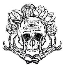 Vector illustration. Skull with bones and cactus. Vector illustration. Handmade. Tattoos, prints on T-shirts, background white, postcard for you
