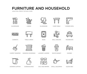 set of 20 line icons such as laundry hamper, window coverings, carpet sweeper, wall shelves, rugs, table linens, cabinets, card table, glassware, linens. furniture and household outline thin icons