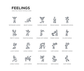 set of 20 line icons such as loved human, lovely human, lucky human, pissed pissed off positive pretty proud pumped ready feelings outline thin icons collection. editable 64x64 stroke