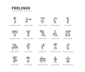 Fototapeta na wymiar set of 20 line icons such as sick human, silly human, sleepy human, sore sorry special stressed strong stupid super feelings outline thin icons collection. editable 64x64 stroke