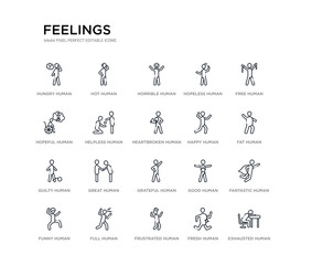 set of 20 line icons such as grateful human, great human, guilty human, happy heartbroken helpless hopeful hopeless horrible hot feelings outline thin icons collection. editable 64x64 stroke