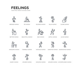 set of 20 line icons such as anxious human, terrible human, awesome human, awful bad beautiful better blah blessed bo feelings outline thin icons collection. editable 64x64 stroke