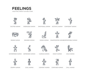 set of 20 line icons such as curious human, depressed human, determined human, disappointed down drained drunk ecstatic emotional energized feelings outline thin icons collection. editable 64x64