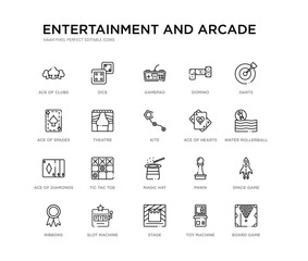 set of 20 line icons such as magic hat, tic tac toe, ace of diamonds, ace of hearts, kite, theatre, ace spades, domino, gamepad, dice. entertainment and arcade outline thin icons collection.