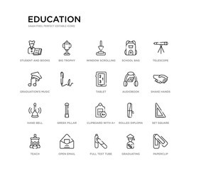 Fototapeta premium set of 20 line icons such as clipboard with a+, greek pillar, hand bell, audiobook, tablet, , graduation's music, school bag, window scrolling medium, big trophy. education outline thin icons