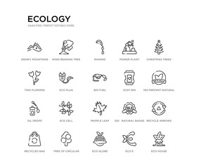 set of 20 line icons such as mapple leaf, eco cell, oil drops, dust bin, bio fuel, eco plug, two flowers, power plant, raining, wind bending tree. ecology outline thin icons collection. editable